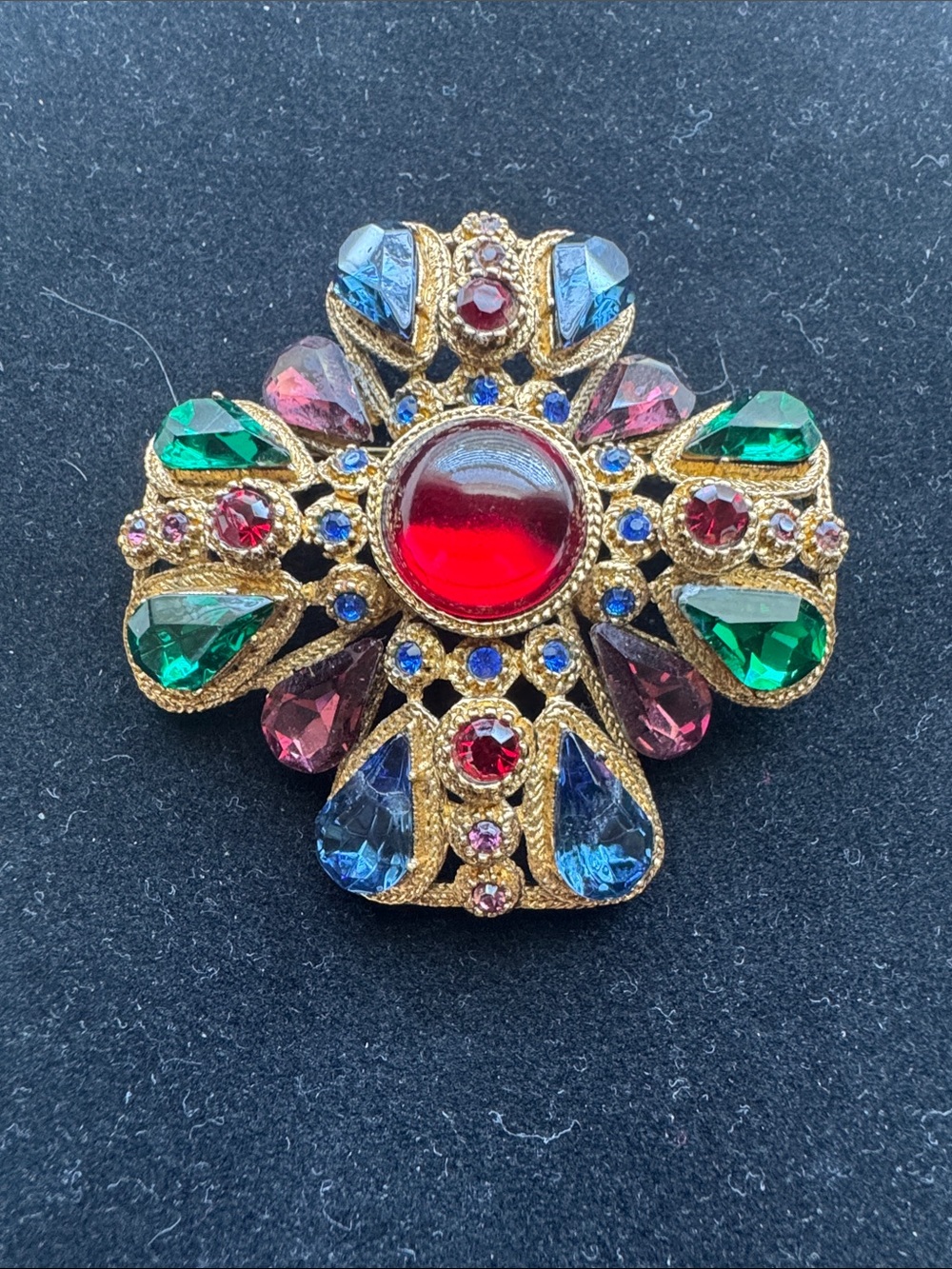 Vintage Sphinx Maltese  Inspired Multicolor Gem Cross Brooch - Red Center